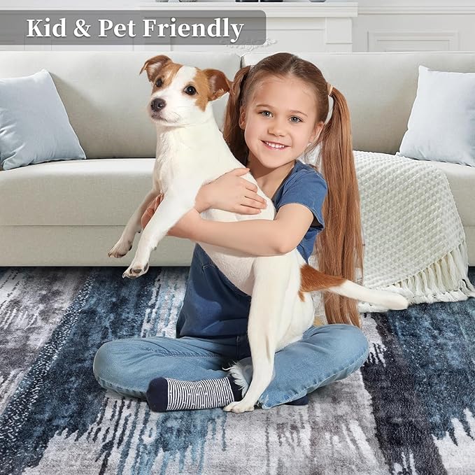 Ciicool 2'6''x14' Washable Runner Rug, Modern Abstract Hallway Rugs Runner, Non-Slip Thin Accent Rug Lightweight Navy Grey Print Distressed Carpet for Laundry Entryway Bedroom Kitchen Indoor