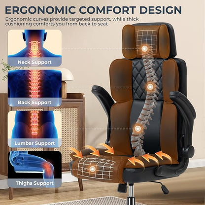Office Chair with Adjustable Headrest - Executive Leather Desk Chair for Home Office, with Flip-Up Arms & Ergonomic Lumbar Support, Perfect for Work and Study, Black