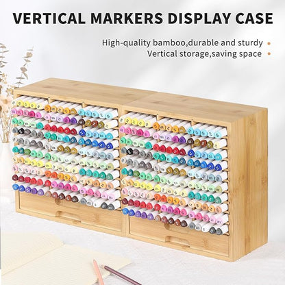 AUTOARK Bamboo Marker Organizer for 150 Markers,AHK-060 | Desktop Storage with Drawers,Art Markers Pens Pencils Brushes