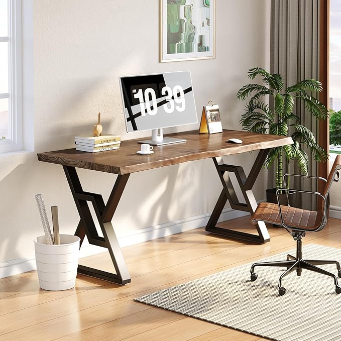 55 Inch Real Wood Desk for Home Office, Solid Pine Writing Desk with Natural Live Edge, Rustic Computer Desk with Industrial Metal Legs, Large Workstation Table for Study, Gaming and Dining