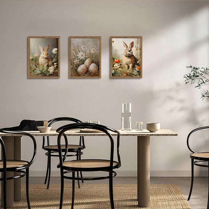 Vintage Easter Bunny Wall Art Set of 3, Spring Easter Rabbit Eggs Canvas Wall Decor Paintings, Rustic Farmhouse Animal Artwork Prints Pictures for Living Room Bedroom Bathroom 12x16 Inch Framed