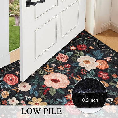 DUKINO 2.6x12 Kitchen Runner Rug, Lightweight Floral Washable Rug for Hallway, Boho Low Pile & Non Slip Backing Soft Floor Carpet for Entryway, Bedroom, Bathroom, Laundry, Black