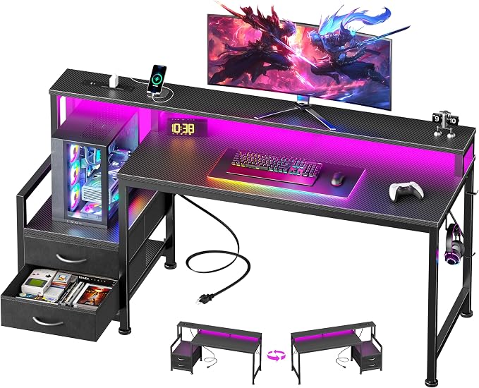 Furologee 55" Gaming Desk with LED Lights & USB-C Port, Reversible Computer Desk with Monitor Stand, Storage Shelves & 2 Fabric Drawers, Gaming Table with Power Outlets & Hooks, Carbon Fiber Black