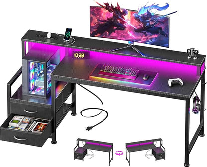Furologee 55" Gaming Desk with LED Lights & USB-C Port, Reversible Computer Desk with Monitor Stand, Storage Shelves & 2 Fabric Drawers, Gaming Table with Power Outlets & Hooks, Carbon Fiber Black