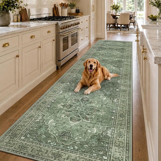RELEANY Area Rugs Runner 3'x12' Washable Non-Slip, Floral Vintage Distress Medallion Carpet for Kitchen Hallway Bedroom Beside Laundry Room Bathroom, Dark Green Gray