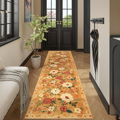 DUKINO Runner Rug for Hallway, 2.6x10 Washable Floral Long Kitchen Rug with Non Slip Backing, Lightweight & Stain Resistant Soft Runners for Indoor Entrance, Laundry, Living Room, Bedroom, Orange