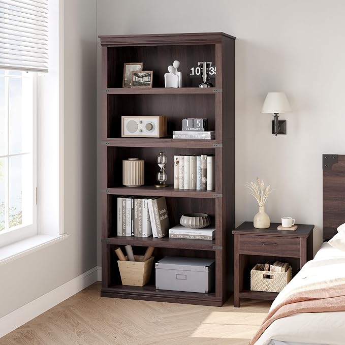 GarveeHome 5 Tier Farmhouse Bookcase, 67.4" Tall Book Shelf with Storage, Wooden Bookshelves 5 Shelf Display Shelvesfor Home Office, Living Room, Bed Room (Cherry, 67.4" H x 31.5" W x 12.8" D)