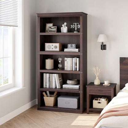 GarveeHome 5 Tier Farmhouse Bookcase, 67.4" Tall Book Shelf with Storage, Wooden Bookshelves 5 Shelf Display Shelvesfor Home Office, Living Room, Bed Room (Cherry, 67.4" H x 31.5" W x 12.8" D)