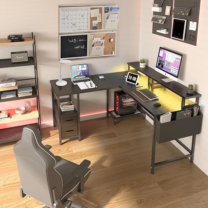 Lufeiya L Shaped Gaming Desk with Led Lights and Power Outlets, 48 Inch Corner Home Office Desk with Monitor Stand Shelves, Writing Study Computer Desks with Fabric Drawers for Bedroom, Black