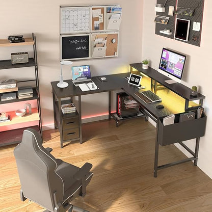 Lufeiya L Shaped Gaming Desk with Led Lights and Power Outlets, 48 Inch Corner Home Office Desk with Monitor Stand Shelves, Writing Study Computer Desks with Fabric Drawers for Bedroom, Black