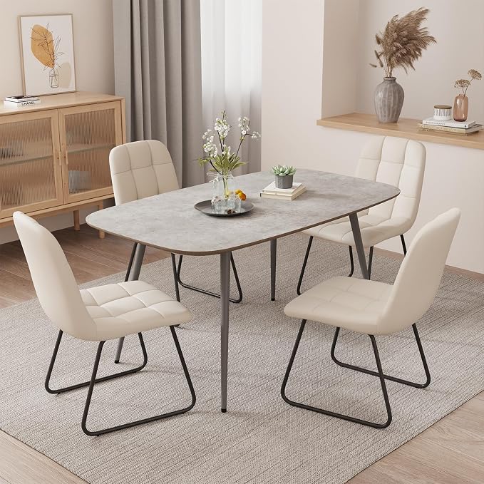 HIPIHOM 47.2'' Dining Table Set for 4,Modern Wood Dining Table,Leather Dining Chairs 4,Table and Chairs Set of 4,Ideal for Kitchen Dining Room (Gray Table + 4 U-Shaped White Chairs, 47.2")