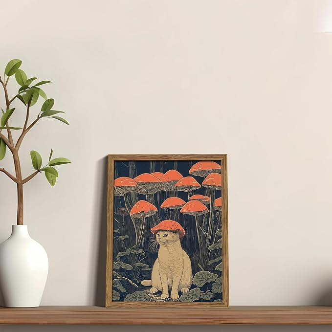 Framed Vintage Cat Wall Art, Whimsical White Cat with Mushroom Hat in Forest Canvas Print, Fantasy Quirky Woodland Animal Painting, Funny Retro Wall Decor for Living Room Bedroom Study 8x10in
