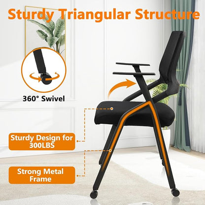CLATINA Stackable Foldable Conference Room Chairs with Wheels, Portable Padded Office Desk Chair with Lumbar Support and Armrest for Training Room, Guest, Reception, Event, Black (8pk)