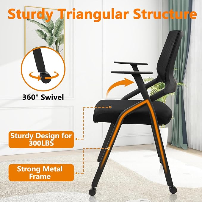 CLATINA Stackable Foldable Conference Room Chairs with Wheels, Portable Padded Office Desk Chair with Lumbar Support and Armrest for Training Room, Guest, Reception, Event, Black (2pk)