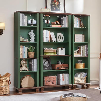 SAVOR LIFE 70" Tall Narrow Book Shelf, Wood Skinny Bookshelf with Adjustable Shelves & Wooden Legs, Farmhouse Bookcase w/5-Tier Storage, Free Standing Bookshlves for Office, Living Room, Green, 2PCS