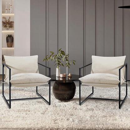 Kromax Sling Accent Chair, Set of 2, Cozy Living Room Chairs, Square Metal Frame, Upholstered Soft Cushion, Sponge, 28" x28“x32, Easy Assembly, Beige