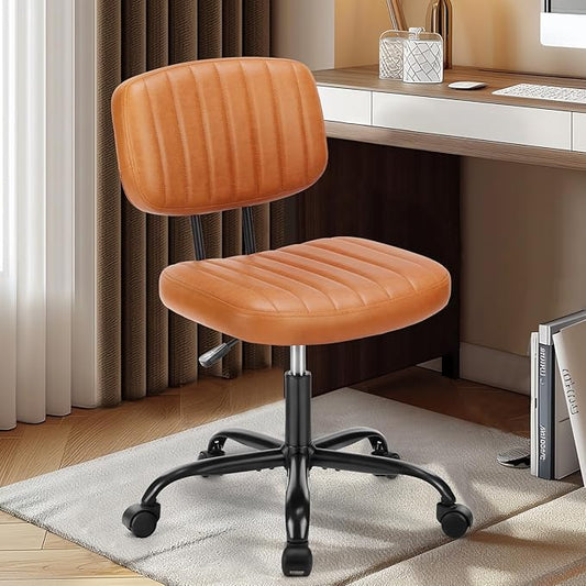 DUMOS Armless Small Home Office Desk Chair - Vanity Task Chair with Low Back, Height Adjustable PU Leather Swivel with 360° Rolling Wheels, Vanity, Bedroom, Deep Brown