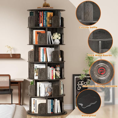 Besiost Rotating Bookshelf Tower, 6 Tier Spinning Bookcase, Revolving 360 Book Shelf Narrow Tall Bookcase, Vertical Turning Round Bookshelf Organizer, Wood Corner Bookshelf for Small Space, Black Oak