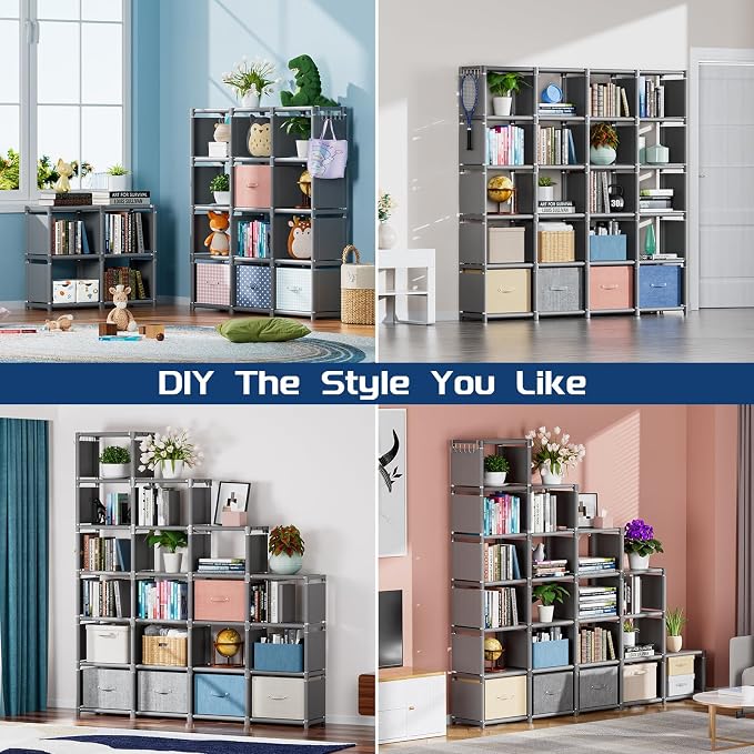 Mavivegue 20 Cube Storage Organizer Bookshelf, Grey | DIY Bookcase, Metal Cube Construction, Tall Design, Closet Storage Organizer