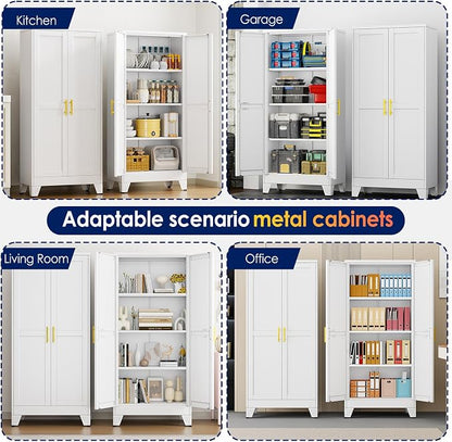 erosoei 61" H Metal Garage Storage Cabinet, Metal Pantry Cabinet with 2 Doors, Locker Steel Cabinet with 3 Adjustable Shelves, Freestanding Cupboard for Garage,Office,Home,Gym,School
