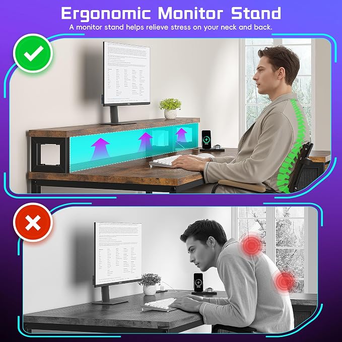 DurayLoly 48" L- Shaped Computer Desk with LED Light and Power Outlet, Reversible Home Office Desk With Drawer and Shelf, Gaming Desk with Monitor Stand for Gamer, Student, Bedroom, Small Space, Brown