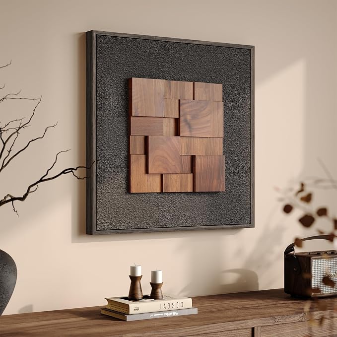 Framed 3D Textured Wood Wall Art, Modern Minimalist Black Painting Artwork for Walls, Vintage Geometric Natural Wooden Wall Art Decor for Living Room, Hallway, Dining Room, Bedroom, Office, 24x24