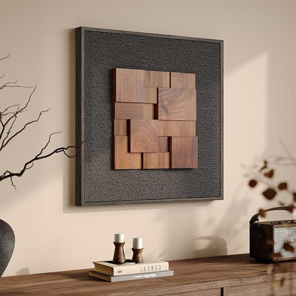 Framed 3D Textured Wood Wall Art, Modern Minimalist Black Painting Artwork for Walls, Vintage Geometric Natural Wooden Wall Art Decor for Living Room, Hallway, Dining Room, Bedroom, Office, 24x24