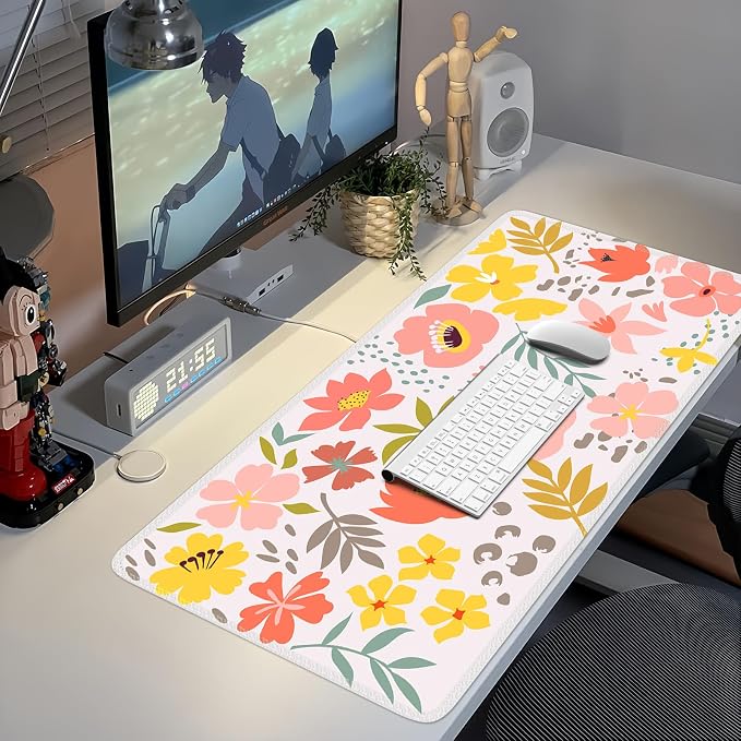 iCasso Desk Matt for Desktop, Cute Desk Pad Mat, XXL Large Mouse Pad, Anti-Slip Big Mousepad with Stitched Edges, Keyboard Pad Mouse Mat for Computer, Work, Gaming (Flowers Leaves)