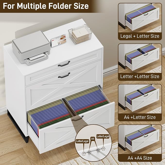 Farmhouse Lateral File Cabinet, Modern Farmhouse Filing Cabinet with 3 Drawers for Letter/Legal/A4 Size Hanging Files, File Storage Cabinet for Home Office, Printer Stand with Storage, Office White