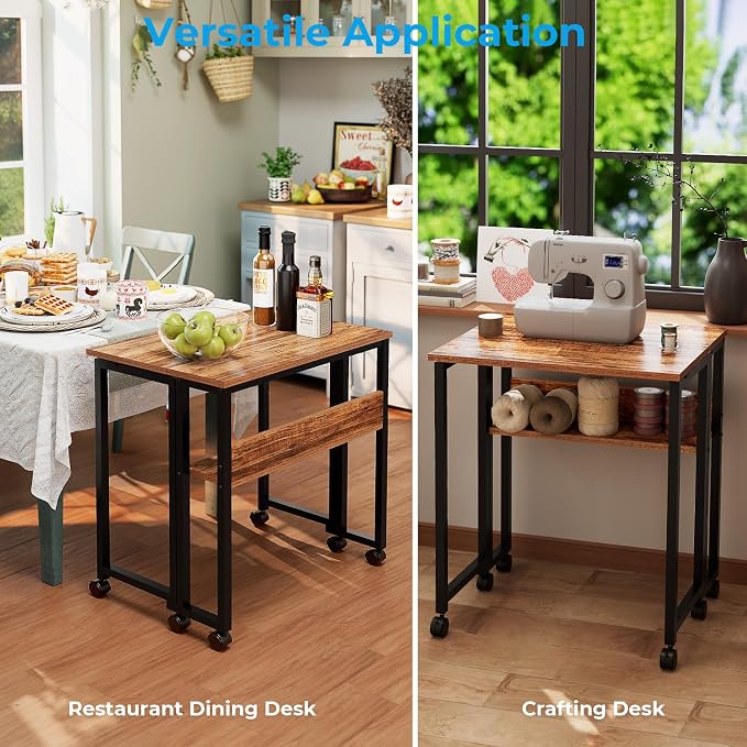 GreenForest Folding Desk with Wheels, 24.8 Inch Compact Rolling Computer Table with Storage Shelf, Portable Mobile Workstation for Small Spaces, Easy Assembly,Walnut