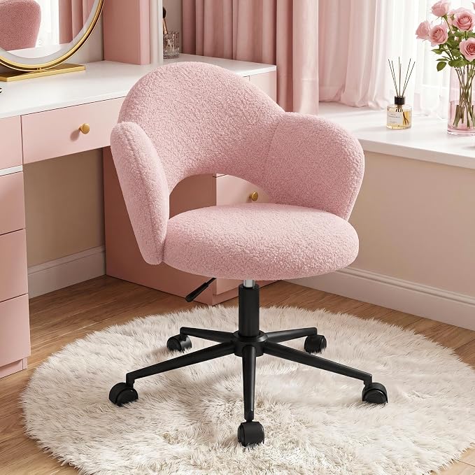 Homkdom Petal Vanity Chair with Wheels, 3.94" Thick Comfy Desk Chair, Swivel Armless Chair with Open Back and Adjustable Height, Ideal for Makeup Study Work and Relaxation, Pink
