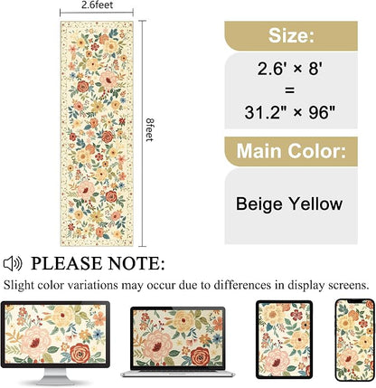 DUKINO Runner Rug, 2.6x8 Kitchen Rug for Hallway with Non Slip Backing, Washable Low Pile Soft Boho Floral Runner Carpet for Hallway, Kitchen, Entryway, Laundry, Bedroom, Beige Yellow