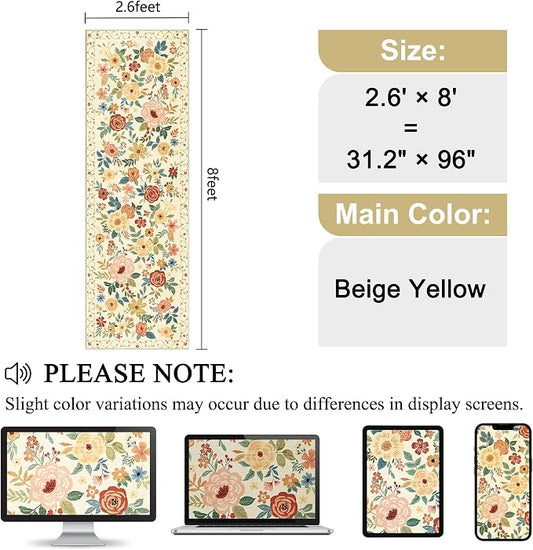 DUKINO Runner Rug, 2.6x8 Kitchen Rug for Hallway with Non Slip Backing, Washable Low Pile Soft Boho Floral Runner Carpet for Hallway, Kitchen, Entryway, Laundry, Bedroom, Beige Yellow
