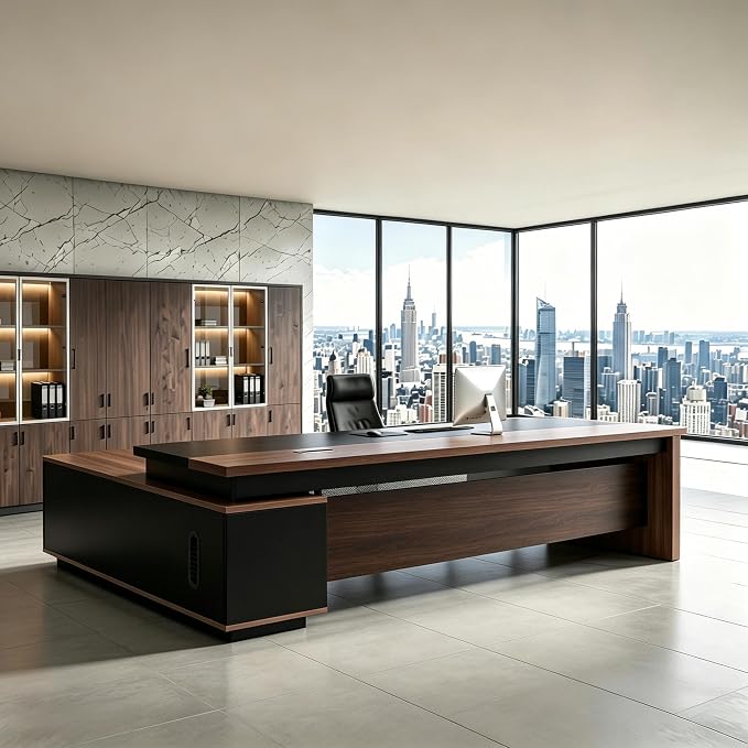 L Shaped Executive Desk with Drawers, Modern Large Wood Home Office Desk, Computer Desk with Storage for Boss Office Workstation