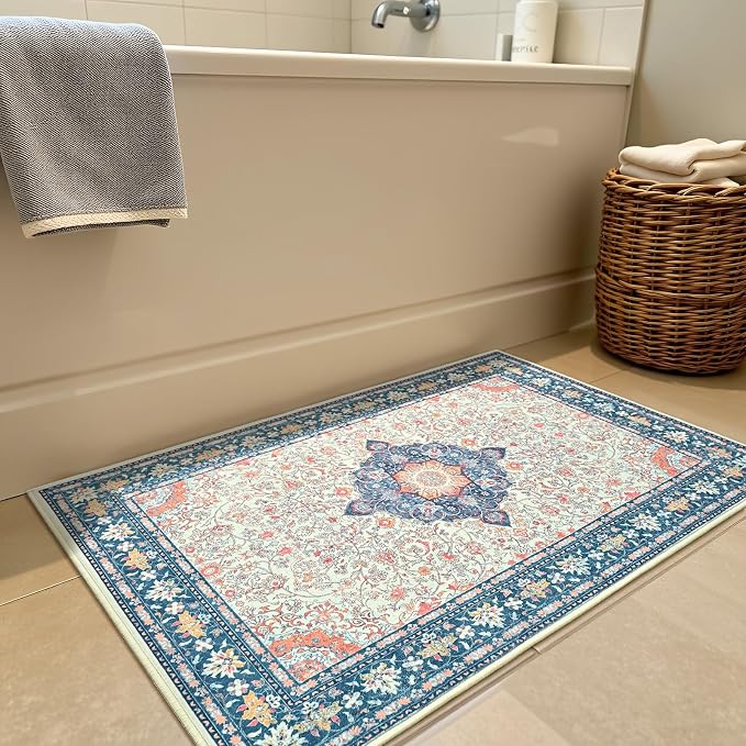 Goideal Washable Rug 2x3, Vintage Area Rugs Non Slip, Indoor Low Pile Carpet with Rubber Backing for Kitchen Bathroom Entryway Office Bedroom,Cream & Navy