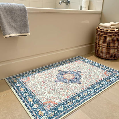Goideal Washable Rug 2x3, Vintage Area Rugs Non Slip, Indoor Low Pile Carpet with Rubber Backing for Kitchen Bathroom Entryway Office Bedroom,Cream & Navy