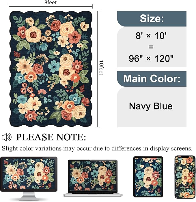 DUKINO 8x10 Area Rug, Floral Washable Rugs for Living Room with Non Slip Backing & Non-Shedding, Lightwight Low Pile Boho Design Large Carpets for Bedroom, Living Room, Dining Room, Navy Blue