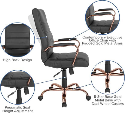 Merrick Lane Milano Contemporary High-Back Black Faux Leather Home Office Chair with Padded Rose Gold Arms