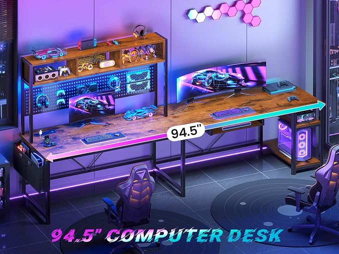 SEDETA L Shaped Computer Desk, Reversible Corner Desk with Power Outlet and Pegboard, Computer Desk with Led Lights, Keyboard Tray, Headphone Hook and Storage Shelves, Rustic Brown