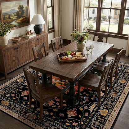 RELEANY Area Rugs 7'x10' Washable Non-Slip, Floral Vintage Distress Medallion Carpet for Living Room Bedroom Dining Room, Black Colorful Floral Dark Tan