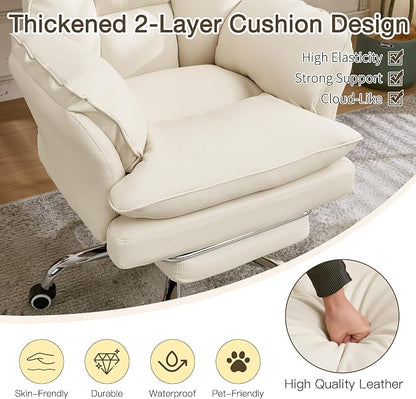 Cloud Cross Legged Office Chair with Footrest,Leather Big and Tall Executive Ergonomic Chair, Flip Armrests for Pets,155° Reclining Computer Wide Desk Chair for Home,Office (Beige)