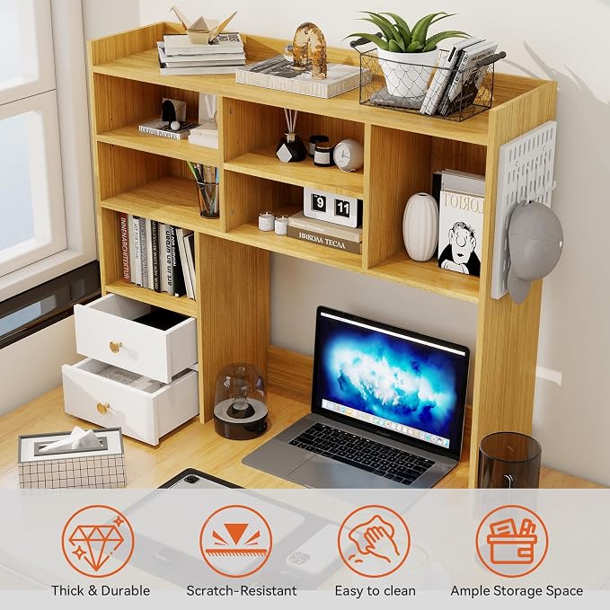 ELECWISH Desktop Bookshelf, Desk Shelf with 2 Drawers for Computer Desk, 36.22" 7-Tier Adjustable Desktop Hutch Organizer with Pegboard for Home Office, Oak