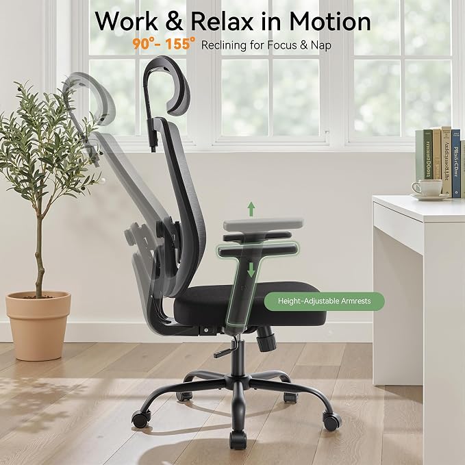 Ergonomic Office Chair Mesh Back, Office Desk Chair with Adjustable Lumbar Support, Rolling Work Chairs with Wheels and 3D Headrest, Set of 4, Black