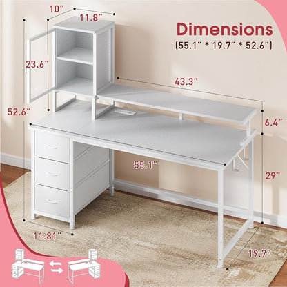 DurayLoly 55" White Computer Desk with 2 Acrylic Cabinet & 3 Fabric Drawers | Integrates Ample Storage & Display, Great Fit for Small Spaces, Outlets Suitable for Studying, Working & Gaming Equipments