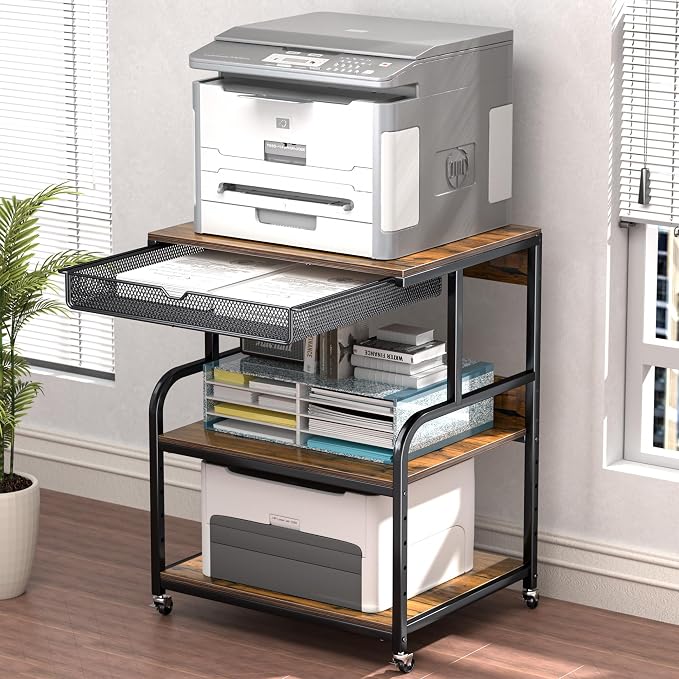 Large Printer Stand with Storage Shelf, 23.6''x18.9'' Rolling Printer Cart Holder with Lockable Wheels, 5-Adjustable Heights, 3D Scanner Fax Printer Table for Home Office Use, Large
