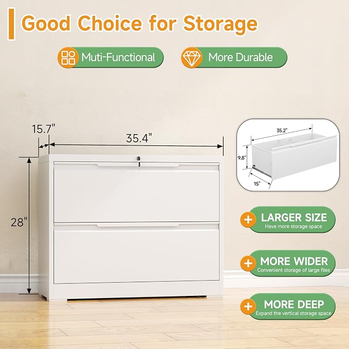 2 Drawer Lateral File Cabinet with Lock,Metal File Cabinets for Home Office,Locking Filing Cabinet for Letters/Legal/A4 Size, Assembly Required,White Widen