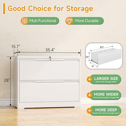 2 Drawer Lateral File Cabinet with Lock,Metal File Cabinets for Home Office,Locking Filing Cabinet for Letters/Legal/A4 Size, Assembly Required,White Widen