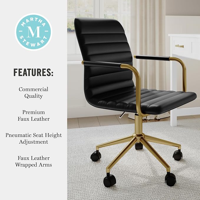 Martha Stewart Taytum Swivel Task Chair with Armrests for Home Office in Black Faux Leather with Polished Brass Frame