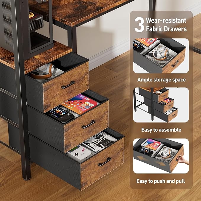 HLDIRECT 44 inch Gaming Desk with 3 Fabric Drawers & Side Hooks-Reversible Home Office Computer Desk with Power Outlets & Led Lights, Gamer Desk Table with Monitor Stand, Rustic Brown