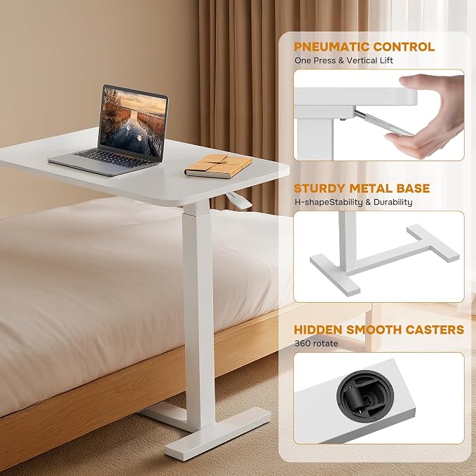 Overbed Bedside Table with Hidden Casters, Adjustable Hospital & Home Use Bed Table, Rolling Laptop Table, Movable Standing Desk, White